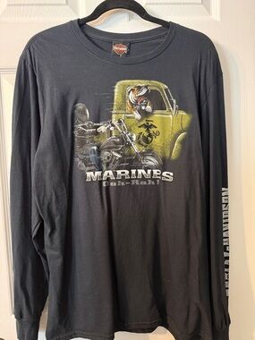 Harley-Davidson Black Long Sleeve Tee with Olive Truck & Motorcycle Graphic